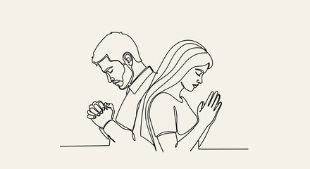 Minimalist line drawing of couple praying together for love and faith support