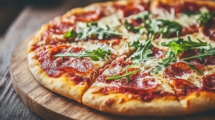 Delicious Italian Pizza with Prosciutto and Arugula Close Up