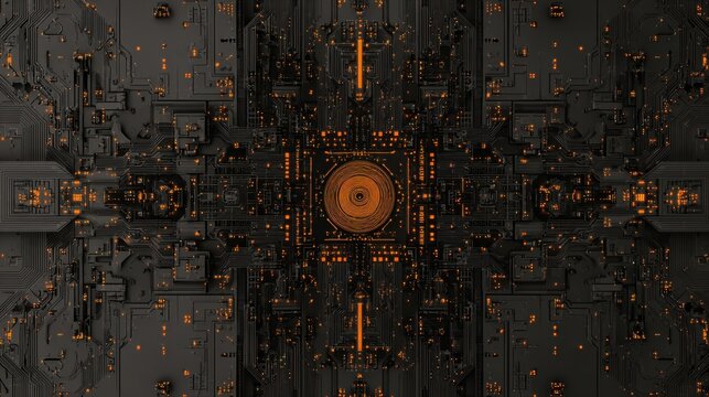 Abstract futuristic digital circuit board design with glowing orange elements and intricate patterns on a dark background