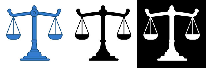 Flat vector illustration of a balanced justice scale symbolizing fairness, equality, and legal decision-making. The icon represents moral integrity, law enforcement, and ethical principles