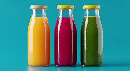 Colorful Juice Bottles with Bright Liquid in Glass Containers on Blue Background