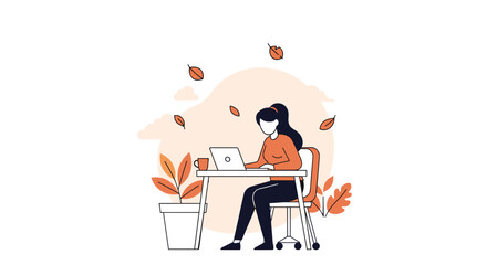 Remote work or study during autumn Woman using laptop outdoors with falling leaves