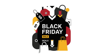 Black Friday Sale vector graphic banner with shopping bags and price tags for commercial promotions and discounts
