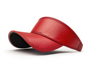 Red visor cap,  leather-like material,  on white background