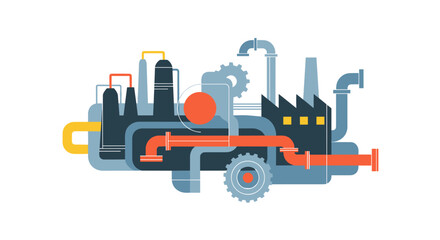 Obraz premium Stylized industrial factory illustration with pipes and gears Manufacturing and production concept