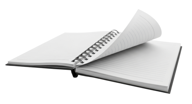 Open spiral notebook showing blank pages suitable for writing, learning, or planning concepts isolated PNG with Transparent Background