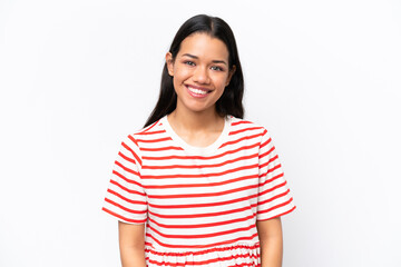 Young Colombian woman isolated on white background laughing