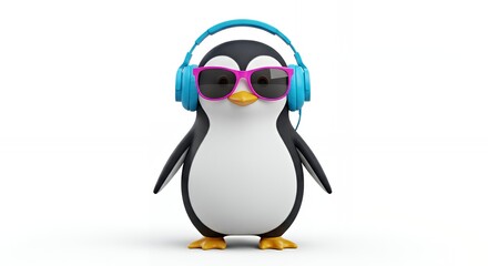 Obraz premium Cute Cartoon Penguin Wearing Blue Headphones and Pink Sunglasses on White Background