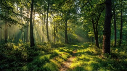 Obraz premium Sunlight streams through the trees illuminating a peaceful forest pathway. Lush greenery surrounds the winding trail creating a serene atmosphere in the morning light.