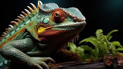 Obraz premium A Close-Up Portrait of a Vibrant Chameleon with Intricate Scales and Bright Eyes in a Natural Setting