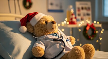 Teddy bear doctor in Santa hat on hospital bed in children’s clinic, close-up