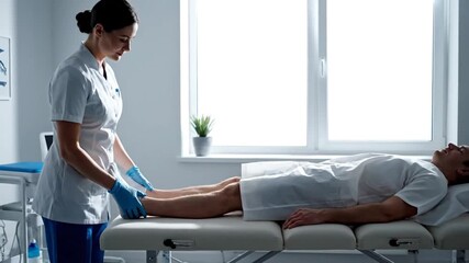 Doctor Examining Patient's Leg on Examination Table in Bright Room Setting with Nurse in Blue Gloves and Patient in White Shirt, Promoting Healthcare and Rehabilitation in a Modern Environment