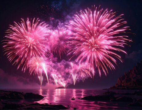 Spectacular pink fireworks explode over a dark sea, island and coastline