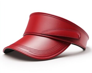 Red visor cap, smooth leather-like texture, subtle stitching details