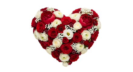Heart shaped floral arrangement of red and white flowers isolated on transparent background