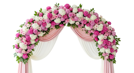 Beautiful floral wedding arch with pink and white flowers isolated on transparent background