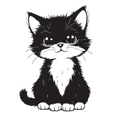 Cute Kitten Cartoon Vector — Black and White Illustration of Sitting Cat with Big Eyes, White Paws, and Curled Tail in Stylized Style