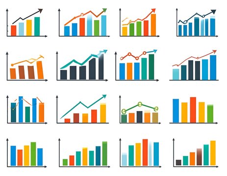 Collection of colorful bar graphs illustrating growth and increase