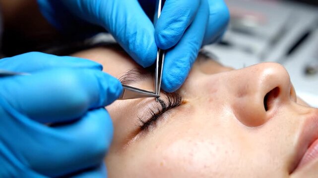 Eyelash Extension Procedure with Blue Gloved Technician Applying False Eyelashes to a Female Client Under Bright Lighting with Medical Implication for Esthetic Enhancement Procedure