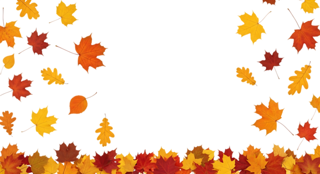 Falling autumn leaves border isolated on transparent background