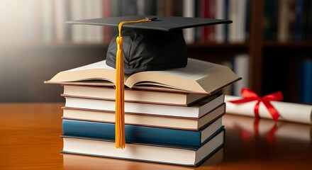 Graduation cap perched atop a stack of academic books with a diploma scroll tied with a red ribbon in the background