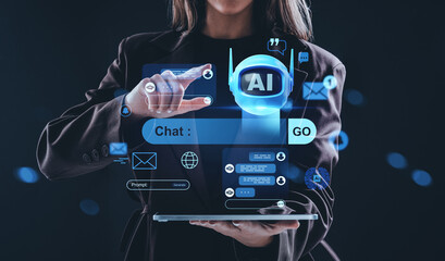 Woman interacting with futuristic holographic AI chatbot interface using tablet, digital communication and innovation concept on dark background.
