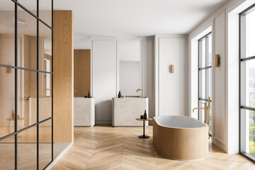 Modern luxury bathroom interior with wooden elements, large windows, and minimalist design in bright natural light setting. 3D Rendering