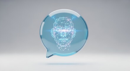 Futuristic holographic speech bubble with glowing digital information and abstract network connections floating in a minimalist studio
