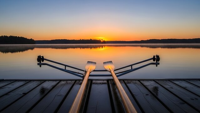 Scenic Sunset Over Calm Lake with Rowboats Docked at Wooden Pier