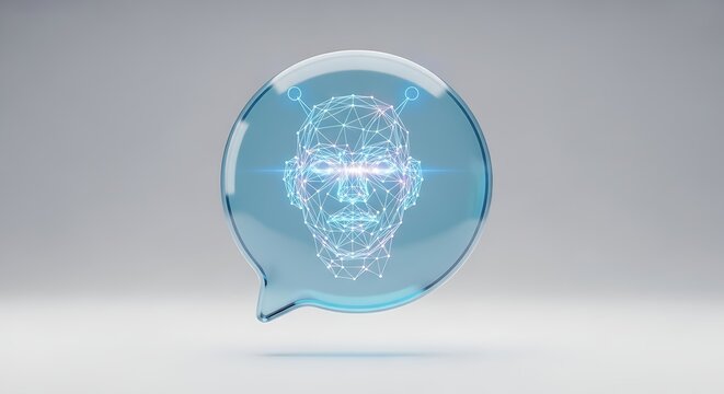 Futuristic holographic speech bubble with glowing digital information and abstract network connections floating in a minimalist studio