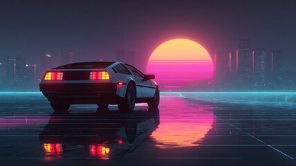 Retro Sports Car Driving On Neon Grid Road With Iconic Pink Sunset Synthwave Aesthetic Scene