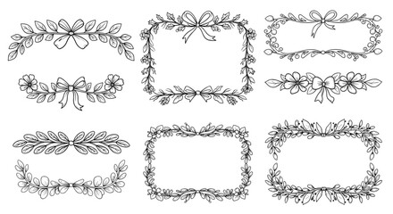 Obraz premium Collection of hand drawn floral decorative borders and frames with bows for design elements.