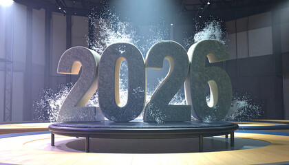 Giant concrete numbers spelling out "2026" emerge from a dramatic splash of water on a circular stage under spotlights.