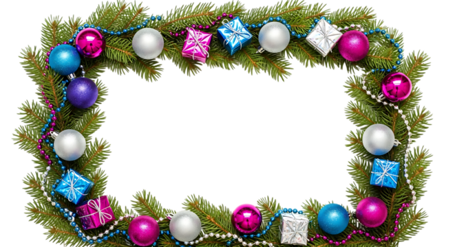 Rectangular christmas wreath with ornaments isolated on transparent background