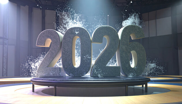 Giant concrete numbers spelling out "2026" emerge from a dramatic splash of water on a circular stage under spotlights. - Powered by Adobe