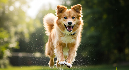 Joyful dog leaping through sunlit meadow, a vibrant portrait of canine happiness and playful energy perfect for pet-related advertising campaigns