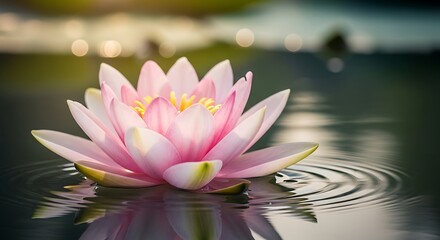 Serene pink water lily blossom floating gently on rippling pond water with soft bokeh background light