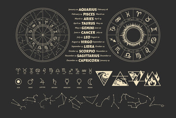 A set of astrology illustrations - Zodiac wheel with astrological symbols, constellations, and planetary symbols on a black background. Vintage illustration. 