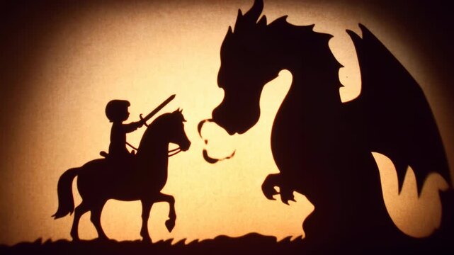 Shadow puppets theater featuring brave knight fighting dragon