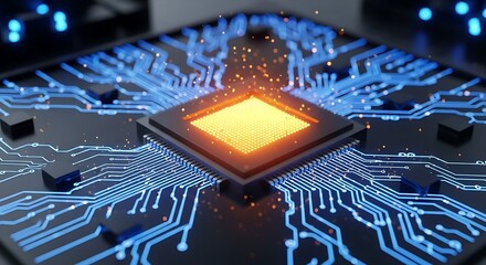 Close up of a glowing orange central processing unit on a futuristic blue illuminated circuit board with intricate pathways