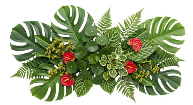 Tropical plant arrangement with red flowers isolated on transparent background