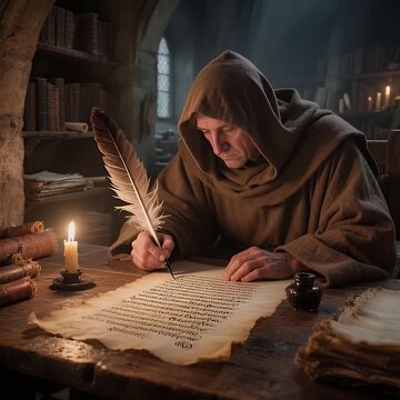 Monk Writing Biblical Text with Quill on Parchment, Candlelight Illumination, Medieval Scriptorium Scene