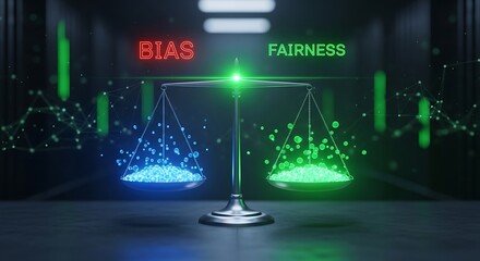 Scales of justice balancing bias and fairness in a digital environment, representing the importance of ethical AI and data analysis for a just and equitable society.
