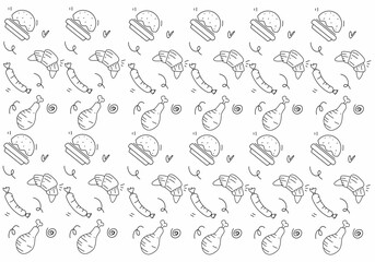 Hand drawn seamless pattern of baking and cooking tools, cake, cupcake, scale. Doodle sketch style. Illustration for textile, background