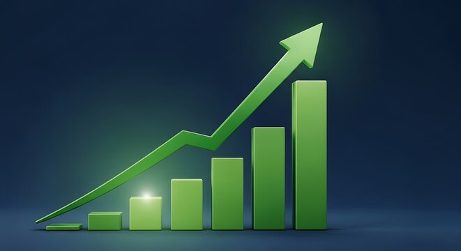 Green upward trending bar chart with a rising arrow symbolizing financial growth and positive business performance on a dark background