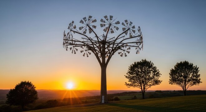 A large, intricate metal sculpture of a tree with multiple branches and leaves, set against a clear sky at sunset with three trees in the background.