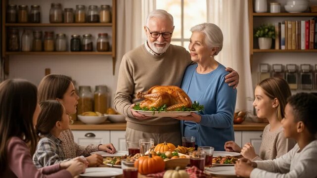 Family gathers for a festive thanksgiving dinner with a roasted turkey - Powered by Adobe