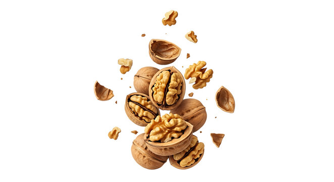 Whole and cracked walnuts falling and exploding isolated on transparent background - Powered by Adobe