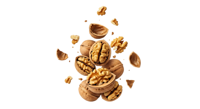 Whole and cracked walnuts falling and exploding isolated on transparent background