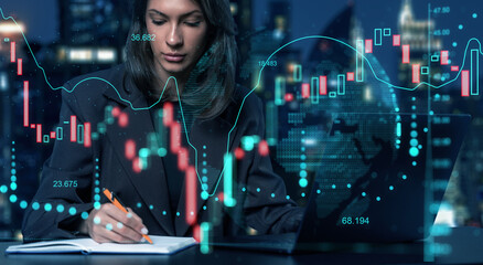 Businesswoman analyzing candlestick forex data on digital interf